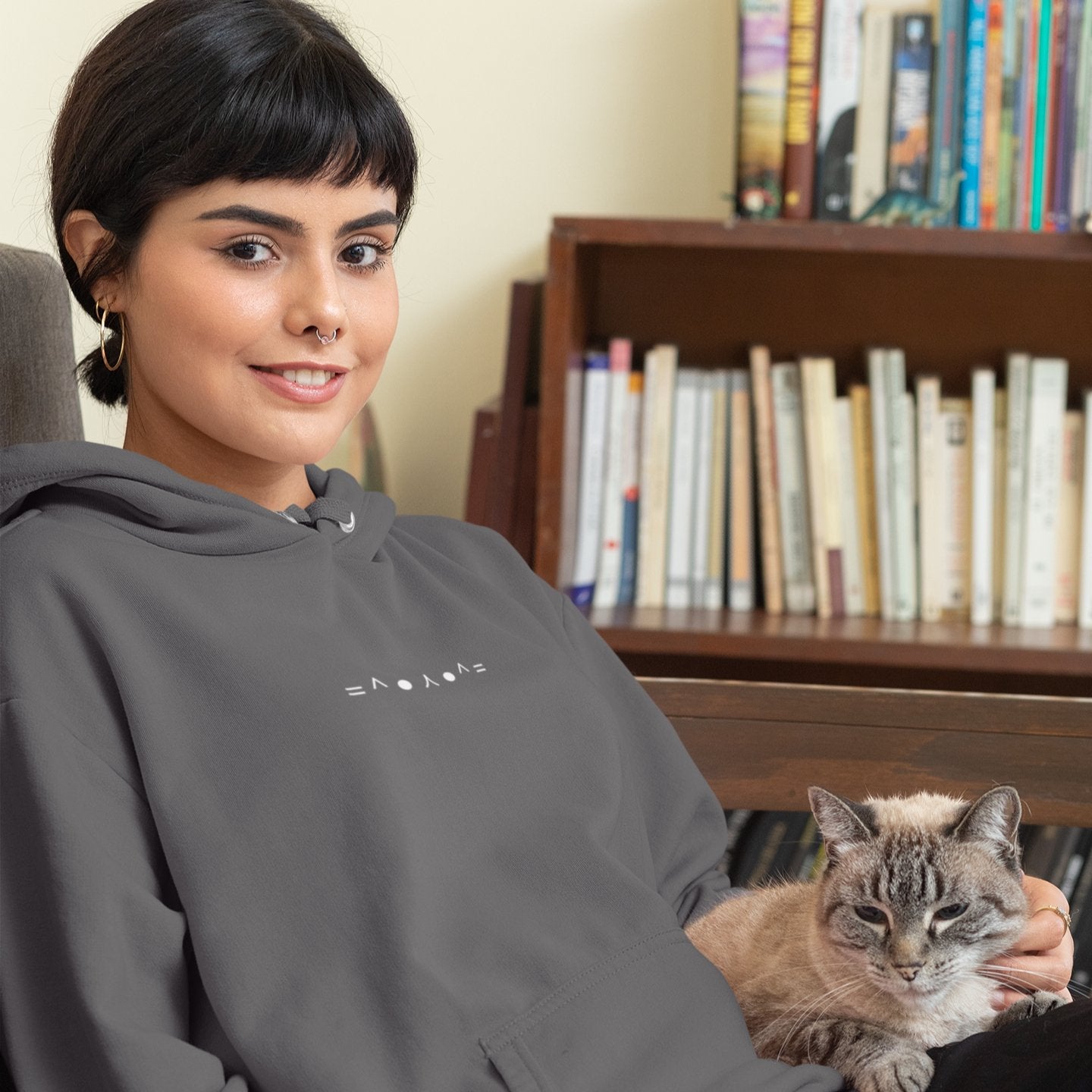 Black =^● ⋏ ●^= | Meow Emoticon Graphic Hoodie for Men and Women - Emote IRL