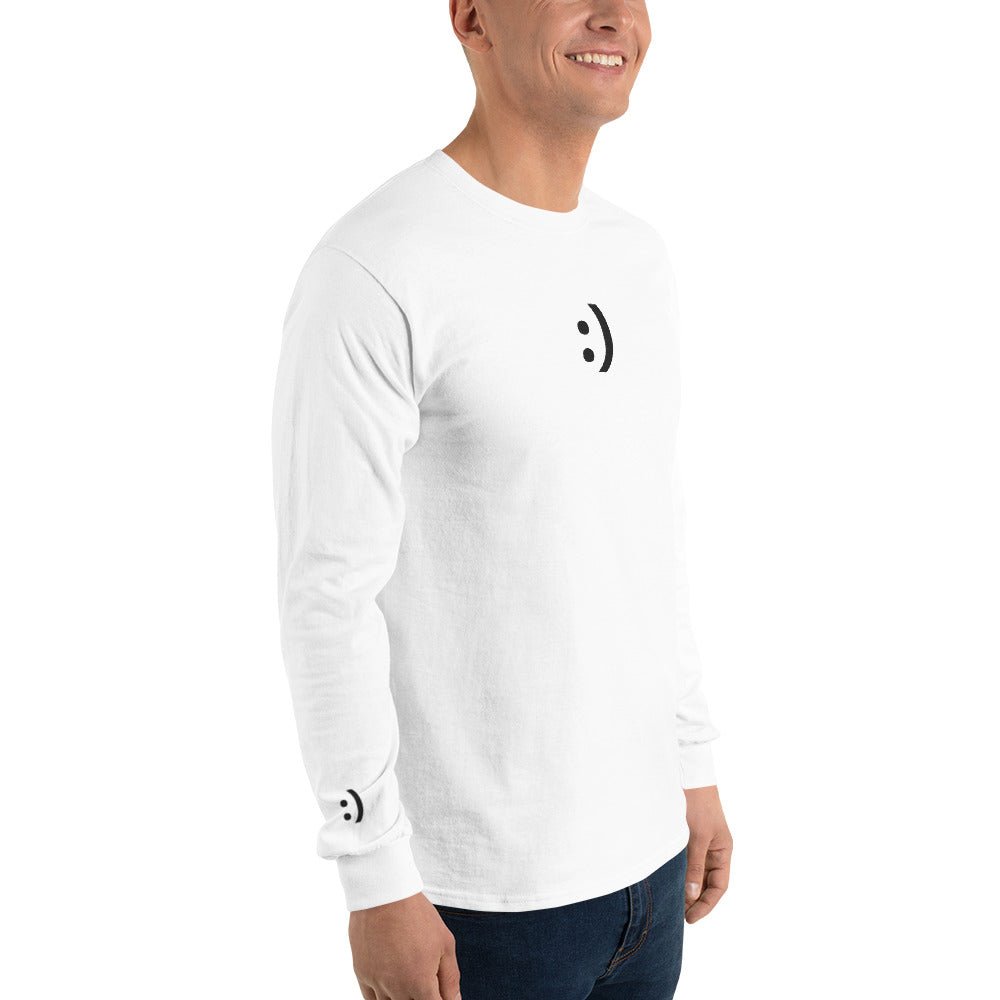 White :) | Happy Smiley Emoji Embroidery Design Long Sleeve T shirt for Men and Women - Emote IRL