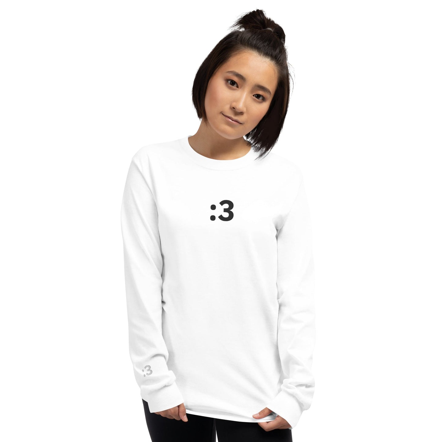 White :3 | Cute Playful Emoji Embroidery Design Long Sleeve T shirt for Men and Women - Emote IRL