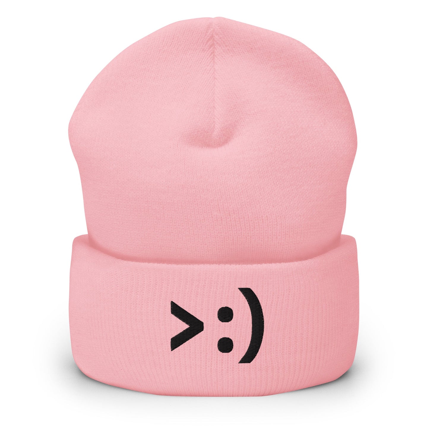 Baby Pink >:) | Evil Eyebrow Emoji Embroidery Design Beanie for Men and Women - Emote IRL