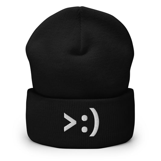 >:) | Evil Eyebrow Emoji Embroidery Black Design Beanie for Men and Women- Emote IRL