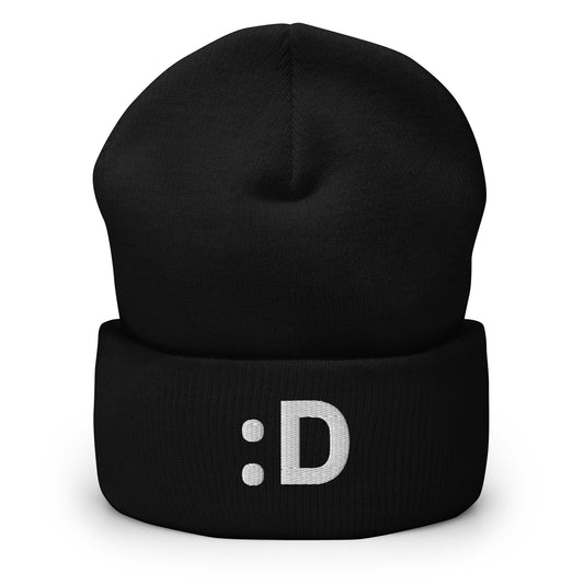 :D | Big Smile Happy Emoji Embroidery Black Design Beanie for Men and Women- Emote IRL