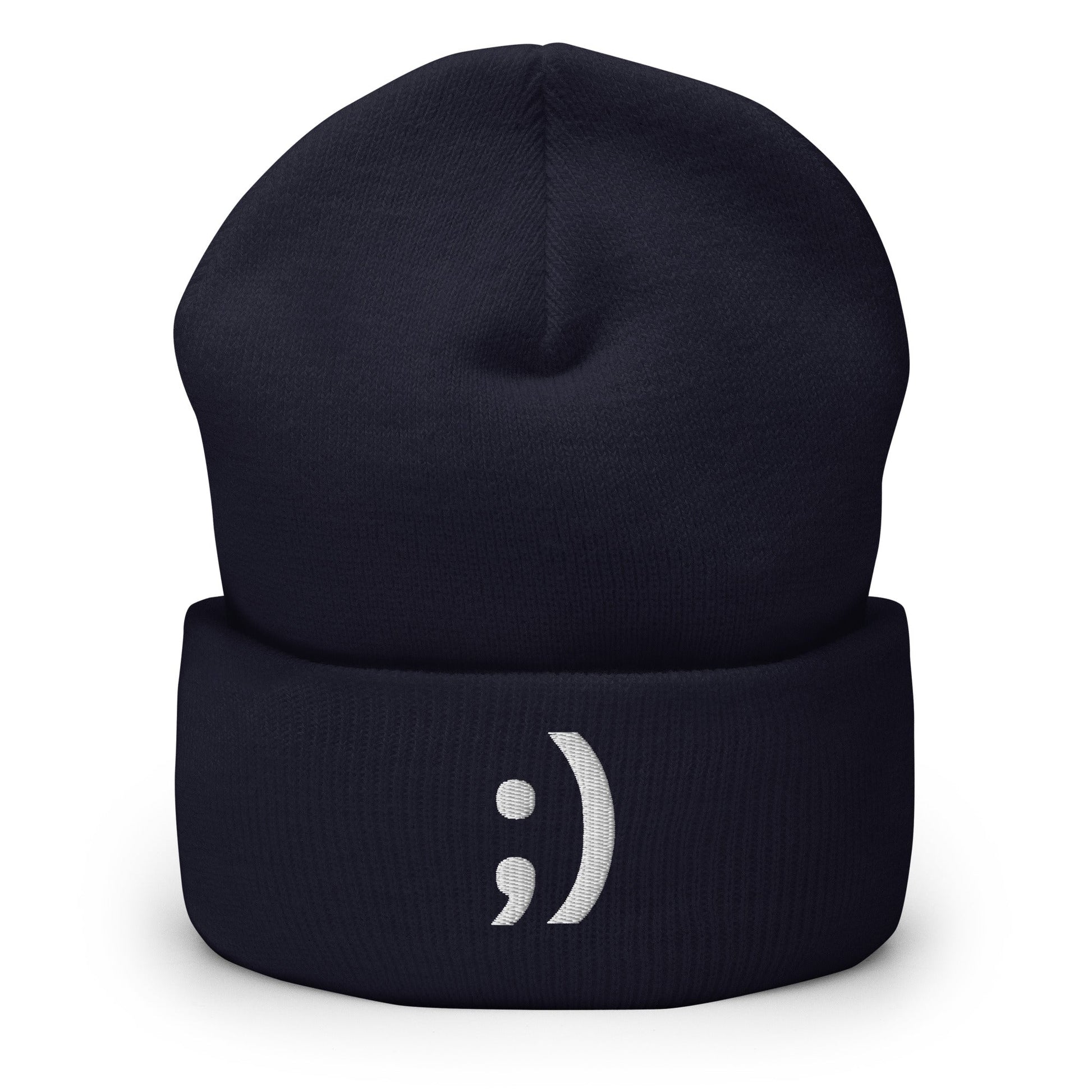 ;) | Winky Smiley Face Emoji Embroider Navy Design Beanie for Men and Women- Emote IRL