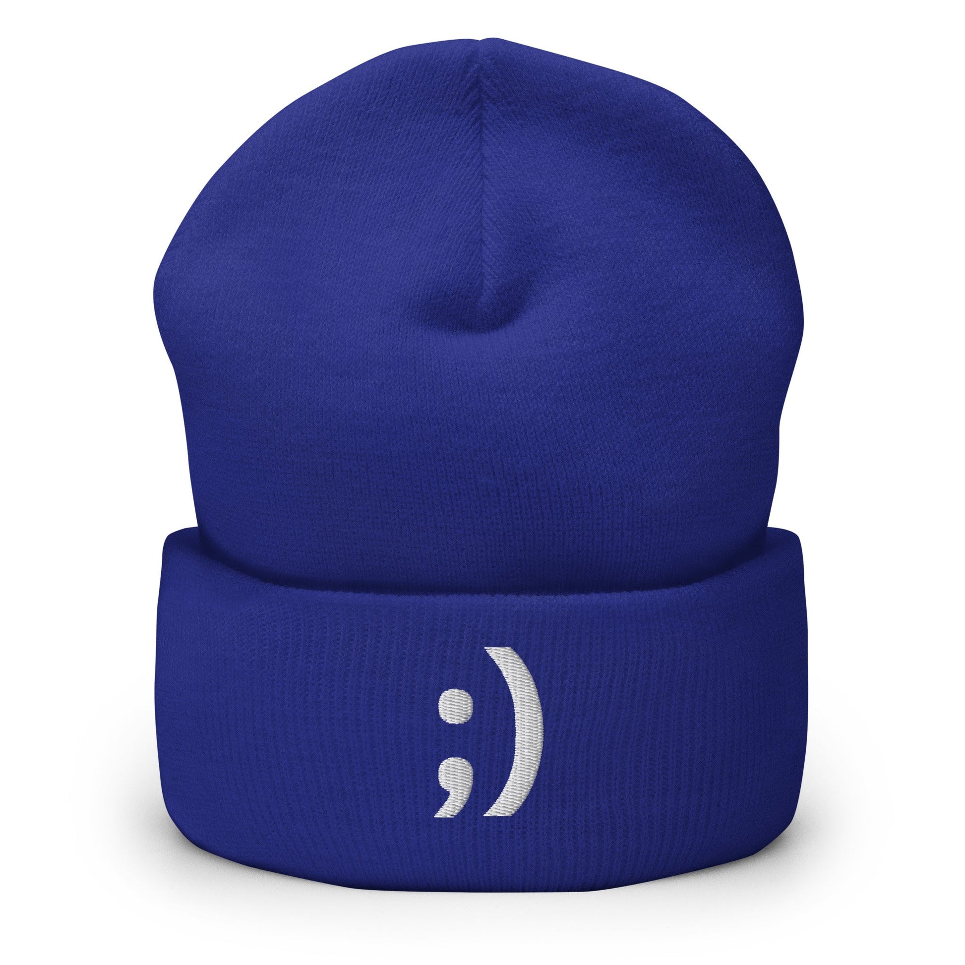 ;) | Winky Smiley Face Emoji Embroidery Blue Design Beanie for Men and Women- Emote IRL