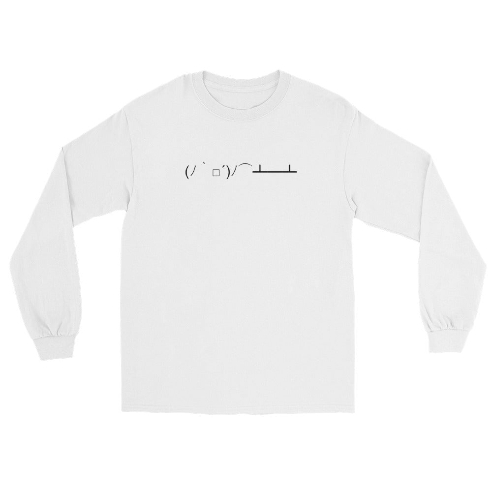 (ノ`□´)ノ⌒┻━┻ | White Cotton Plus Size Flip the Table Emoticon Textart Graphic Long Sleeve T shirt