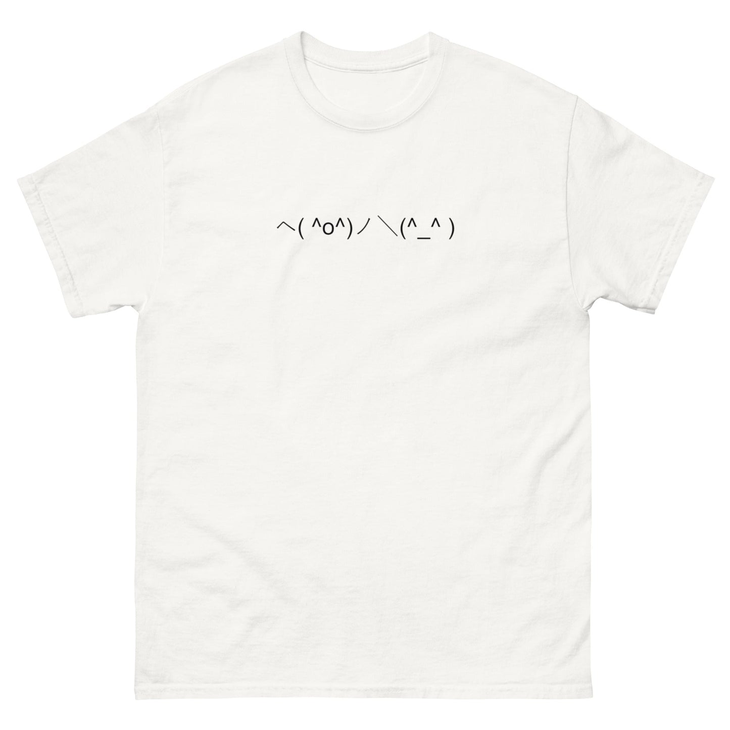 ヘ( ^o^)ノ\(^_^ ) | White Cotton Plus Size High Five Japanese Emoticon Textart Graphic T shirt for Men and Women - Emote IRL