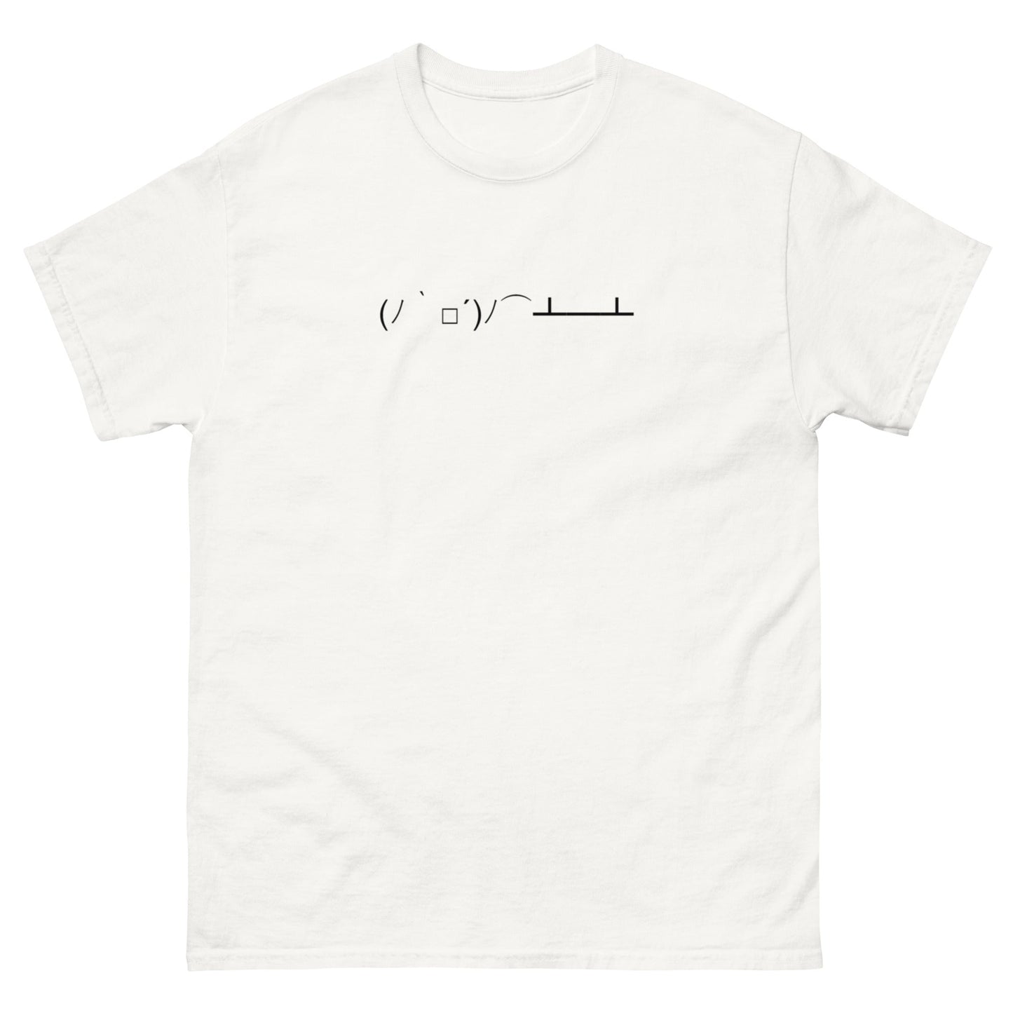 (ノ`□´)ノ⌒┻━┻ | White Cotton Plus Size Flip the Table Emoticon Textart Graphic T shirt for Men and Women - Emote IRL
