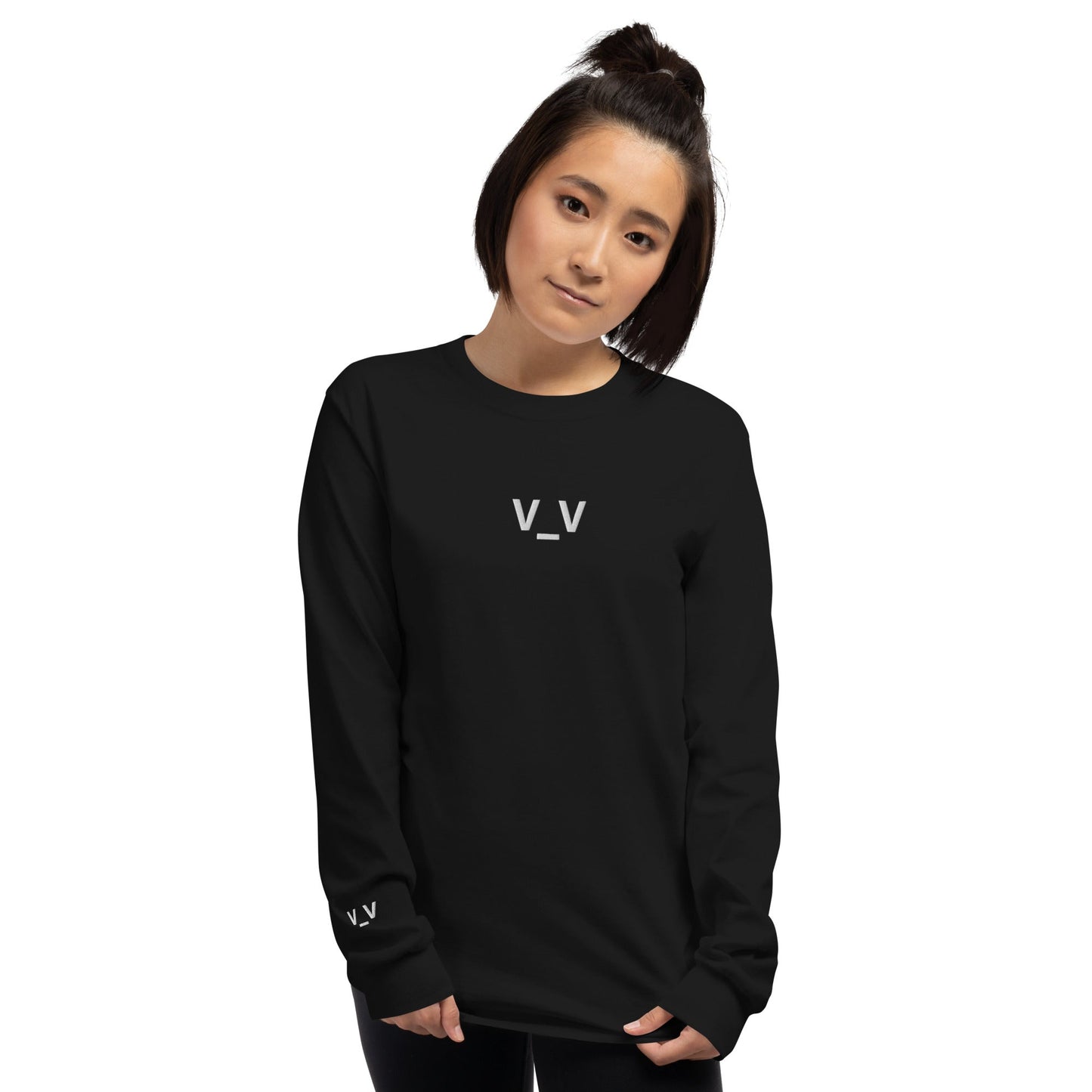 Black V_V | Sleepy Emoji Embroidery Design Long Sleeve T shirt for Men and Women - Emote IRL