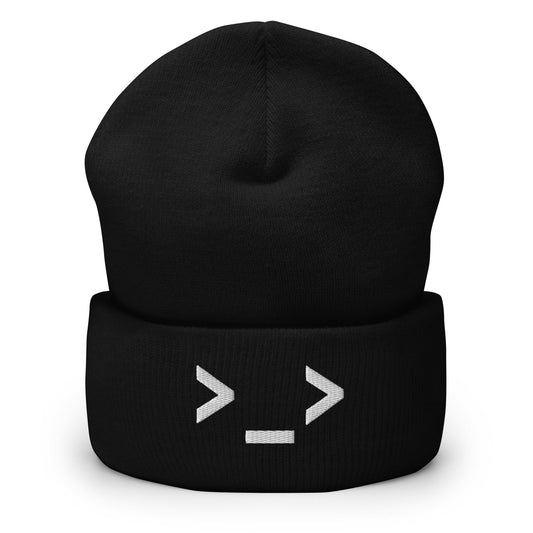 >_> | Shifty Look Emoji Embroidery Black Design Beanie for Men and Women- Emote IRL