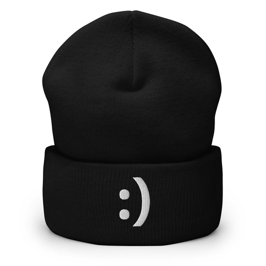 :) | Happy Smiley Emoji Embroidery Black Design Beanie for Men and Women- Emote IRL