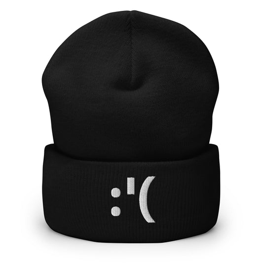 :'( | Sad Crying Emoji Embroidery Black Design Beanie for Men and Women- Emote IRL