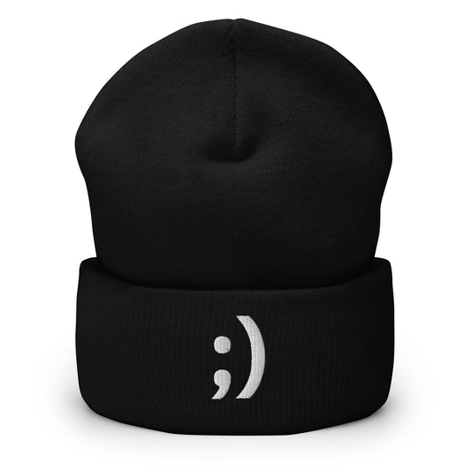 ;) | Winky Smiley Face Emoji Embroidery Black Design Beanie for Men and Women- Emote IRL