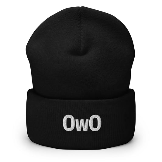 OwO | Cute Surprised Emoticon Embroidery Black Design Beanie for Men and Women- Emote IRL