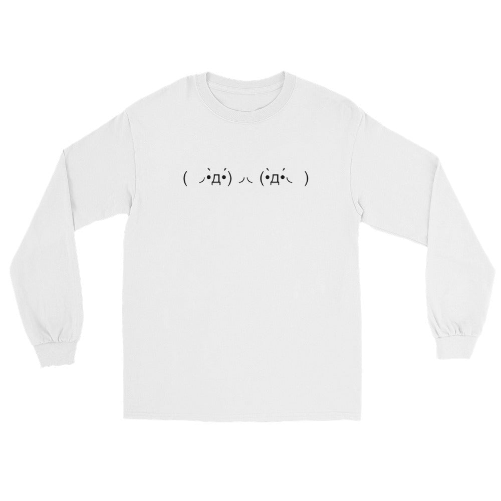 ( ◞•̀д•́)◞◟(•̀д•́◟ ) | White Cotton Plus Size Funny Fighting Emoticon Textart Graphic Long Sleeve T Shirt for Men and Women